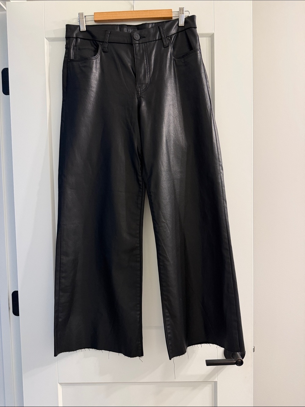 Kut Meg Black Faux Leather Wide-Leg Jeans- 8